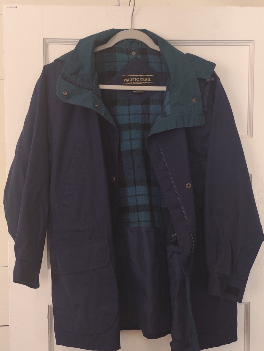 Pacific Trail Navy Raincoat with Teal Hood and Plaid Lining